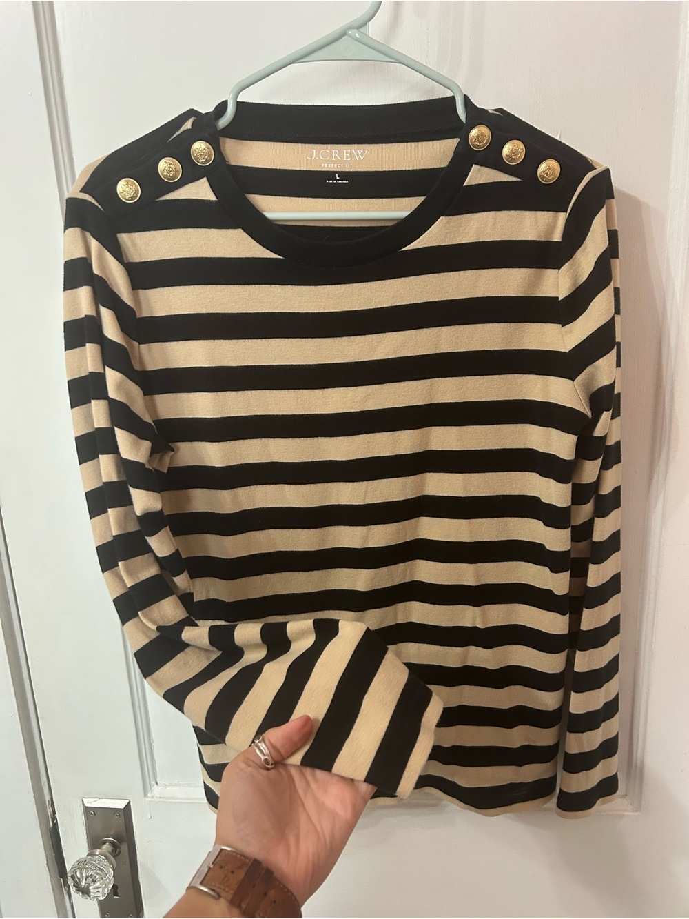 J. Crew Black and Tan Striped Button-Shoulder Long Sleeve Top - Picture 2 of 5